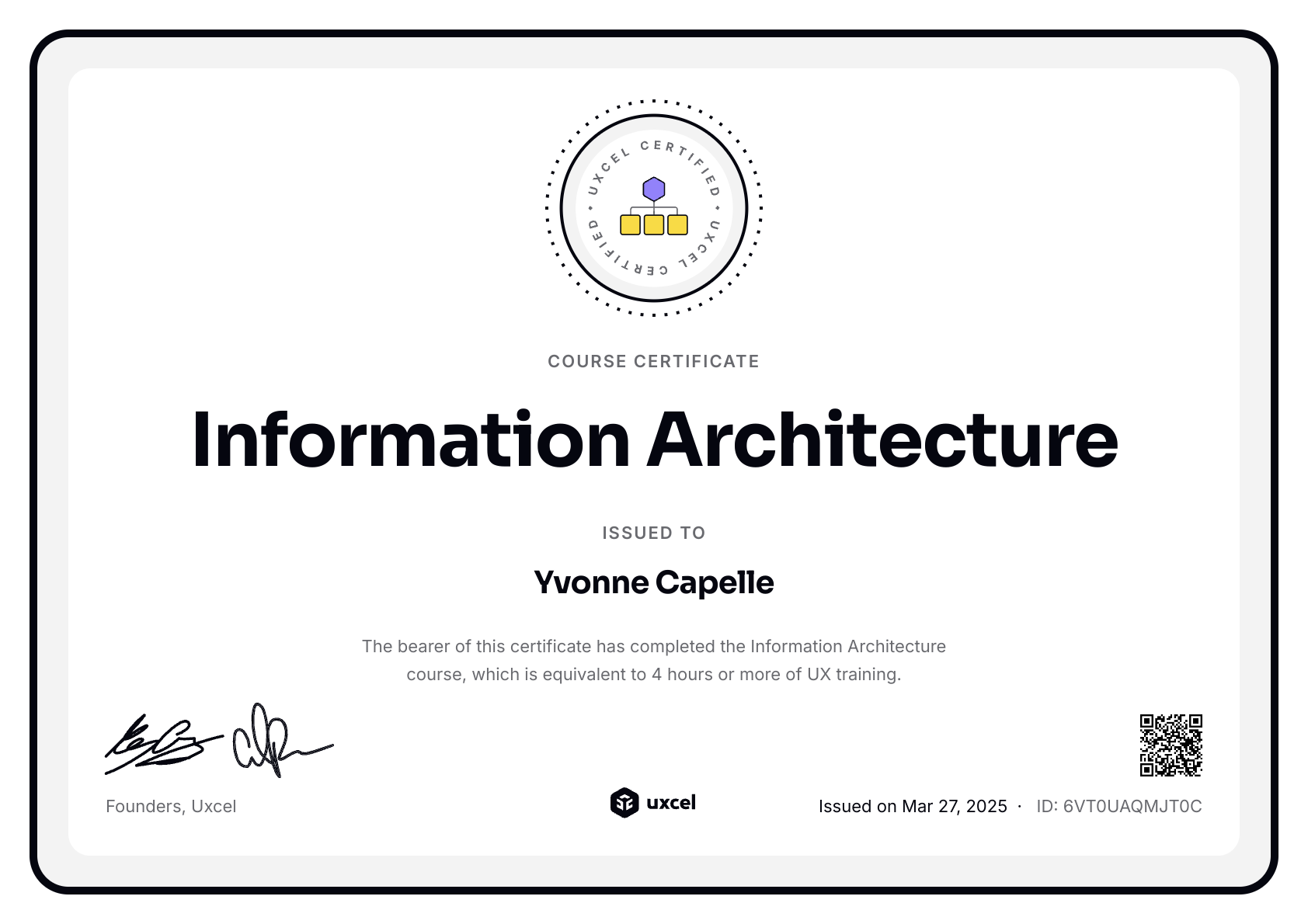 Yvonne Capelle's certificate